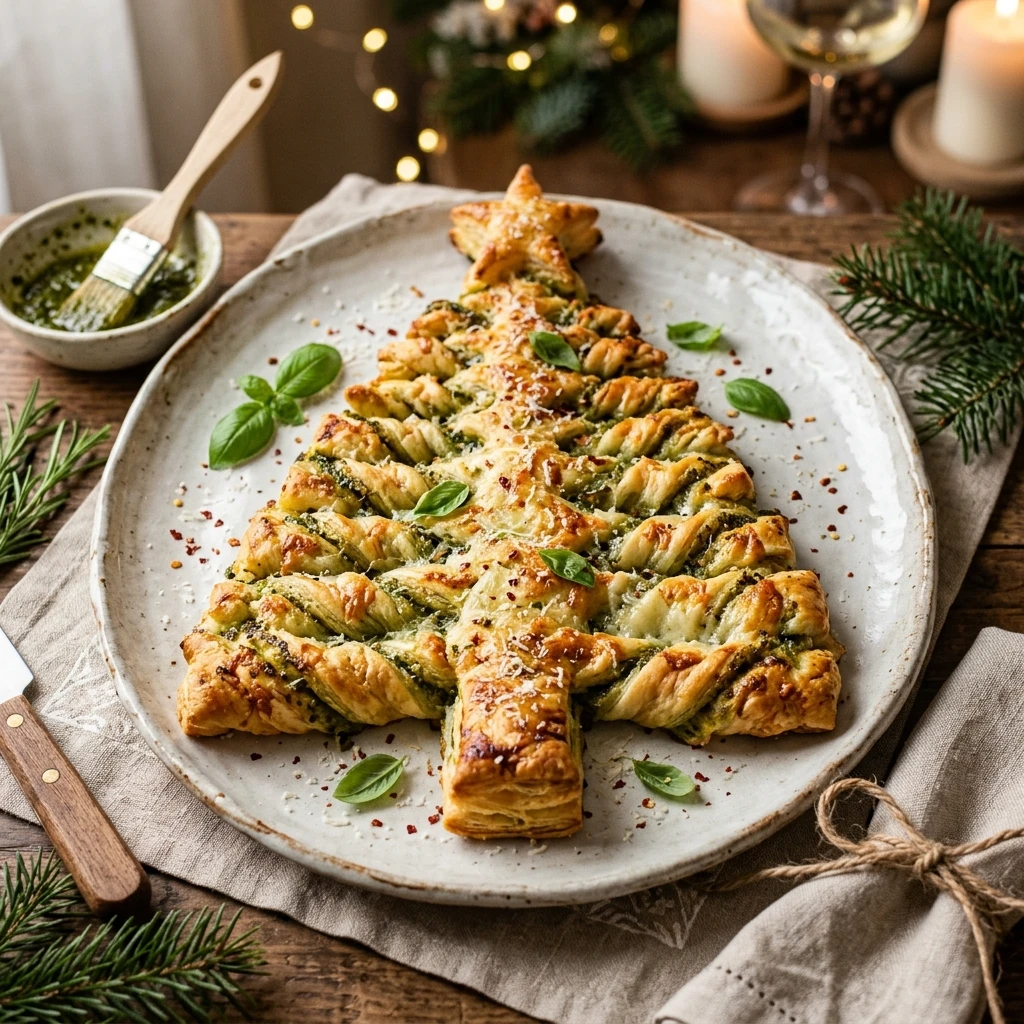 Basil Pesto Cheesy Puff Pastry Christmas Tree