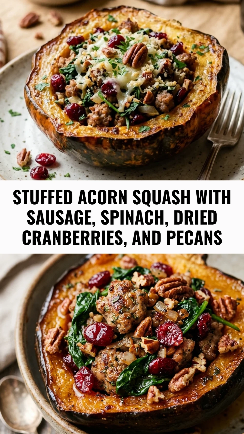 Stuffed Acorn Squash with Sausage, Spinach, Dried Cranberries, and Pecans