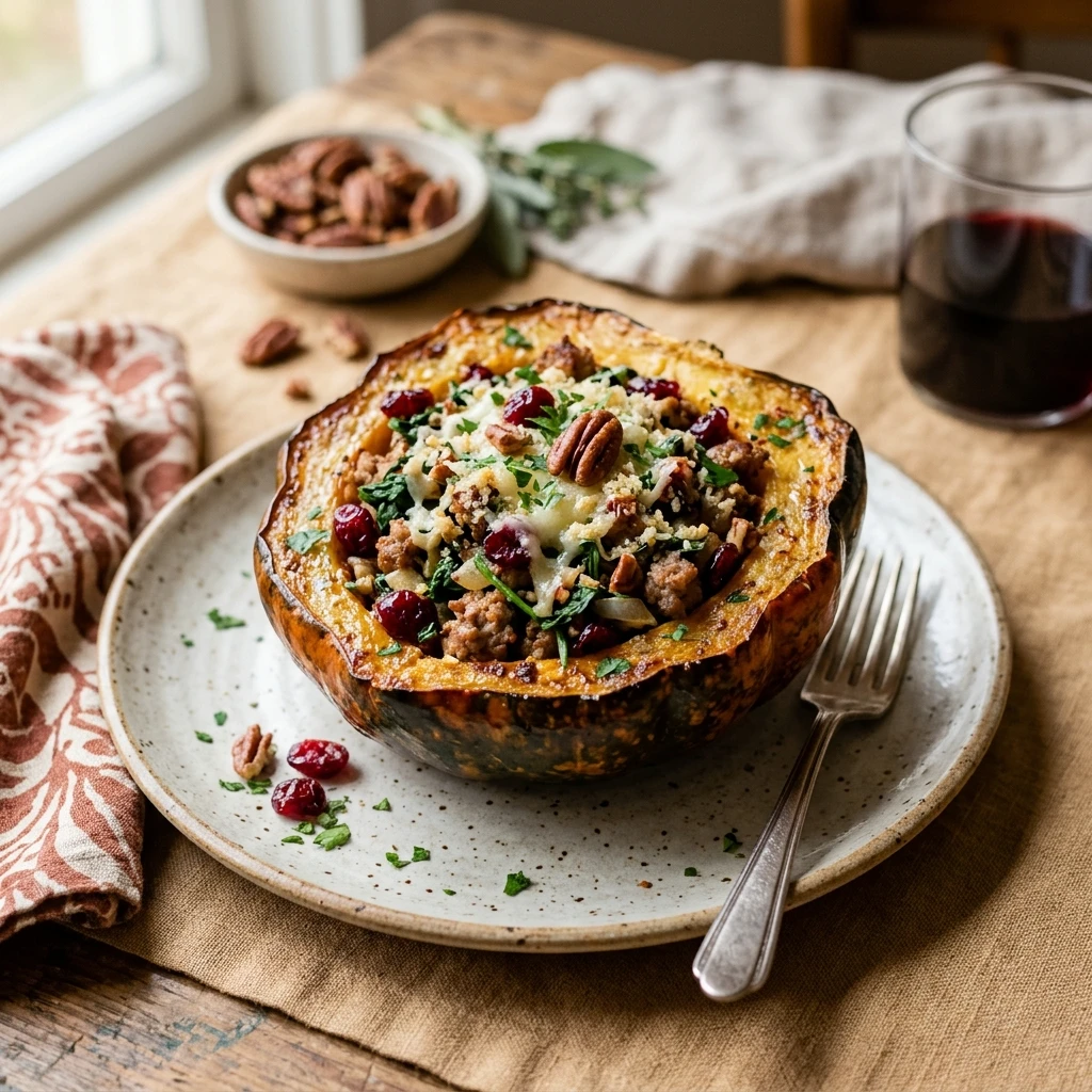 Stuffed Acorn Squash with Sausage, Spinach, Dried Cranberries, and Pecans