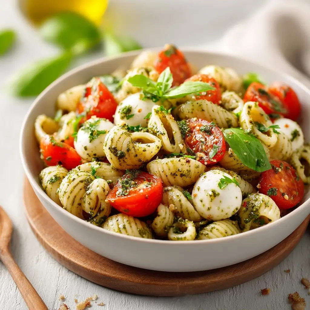 Light And Creamy Pesto Caprese Pasta Salad