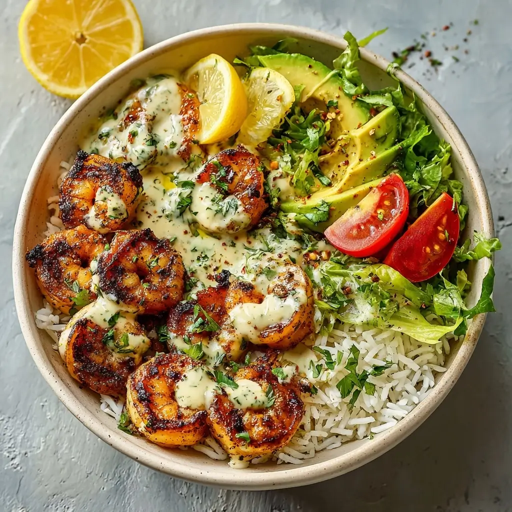 Quick Grilled Shrimp Bowls With Creamy Garlic Sauce