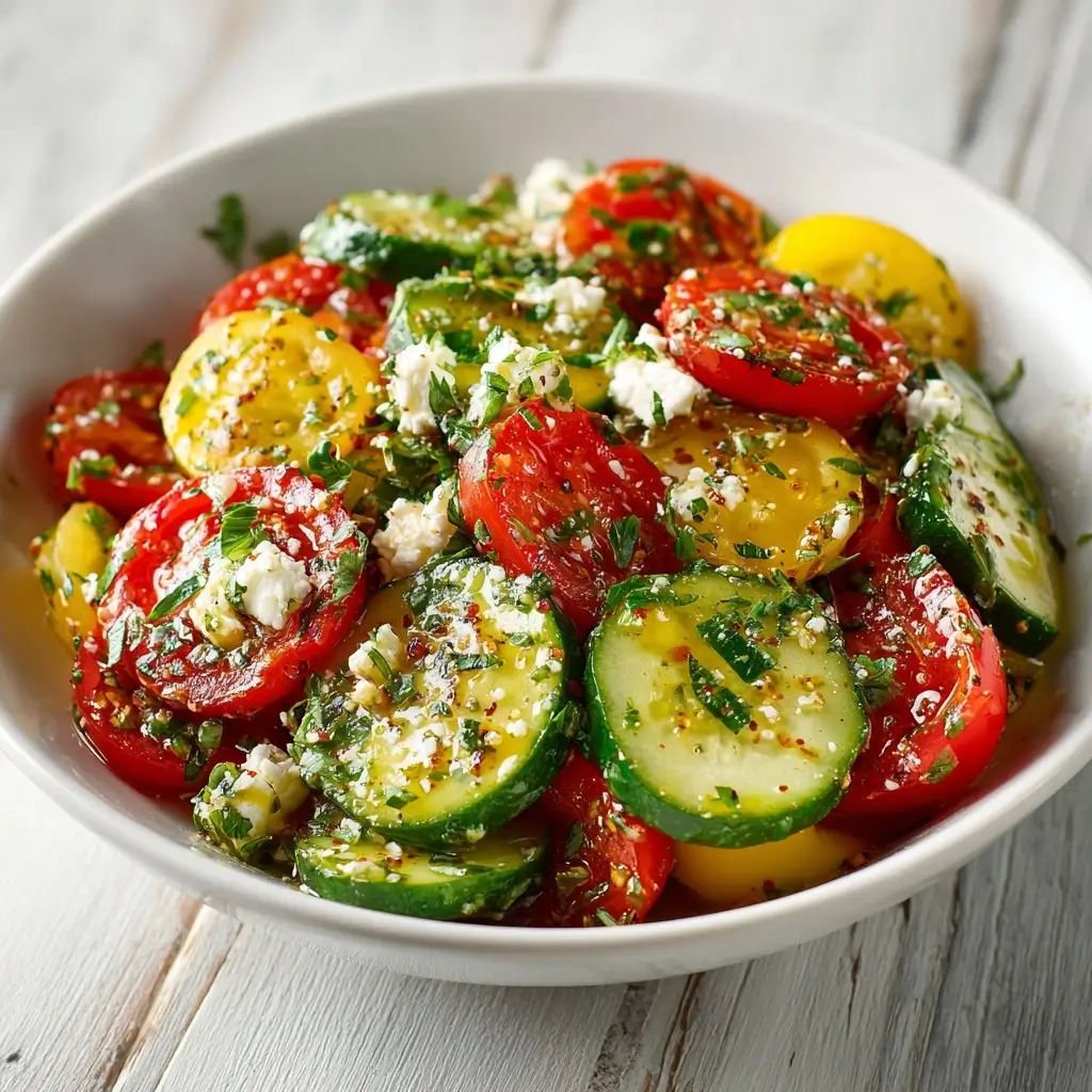 Crispy Cucumber Tomato Feta Salad With Lemon Dressing