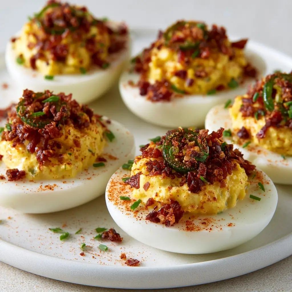 Smoky Bacon Deviled Eggs With Crispy Jalapeño Topping