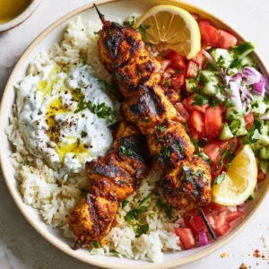 Mediterranean Rice Bowl With Grilled Chicken Tawook Skewers