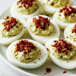 Creamy Pesto Deviled Eggs With Sun Dried Tomato Bits