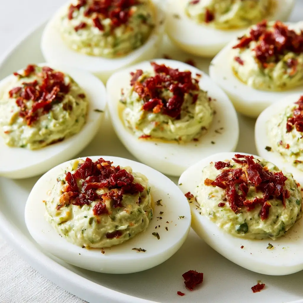 Creamy Pesto Deviled Eggs With Sun Dried Tomato Bits