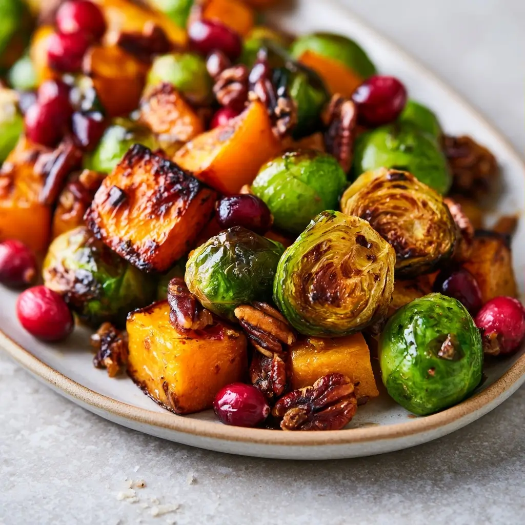 Roasted Butternut Squash And Brussels Sprouts With Pecans And Cranberries Recipe For Thanksgiving