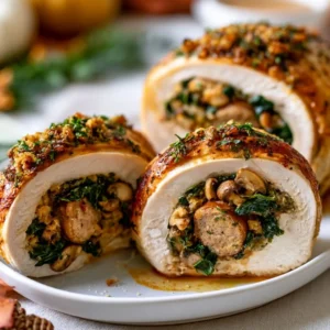 Stuffed Turkey Breast With Sausage, Mushrooms And Swiss Chard For Thanksgiving Dinner