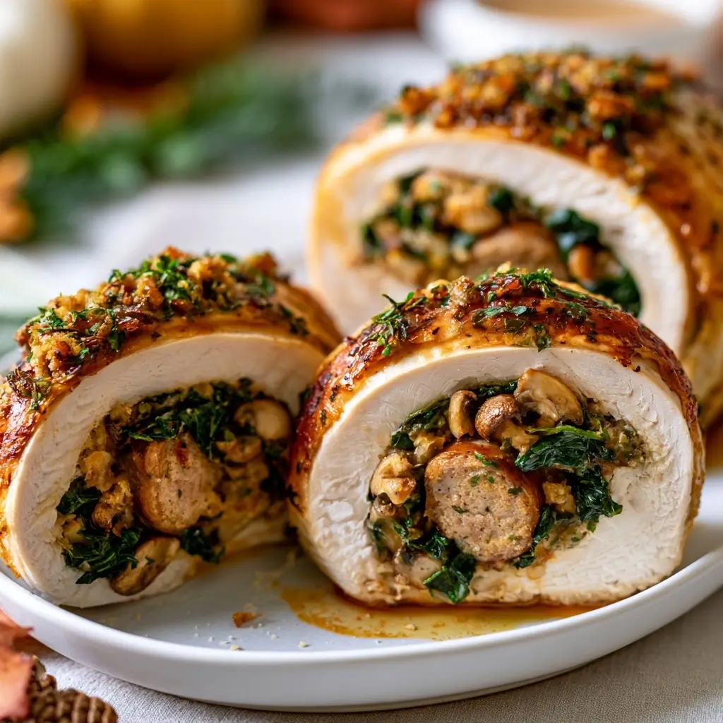 Stuffed Turkey Breast With Sausage, Mushrooms And Swiss Chard For Thanksgiving Dinner