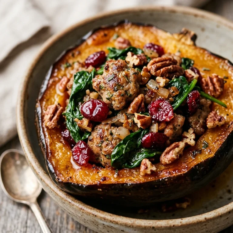 Stuffed Acorn Squash with Sausage, Spinach, Dried Cranberries, and Pecans